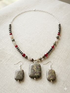Handmade Dragon Blood Beaded Stone Necklace & Earring Set
